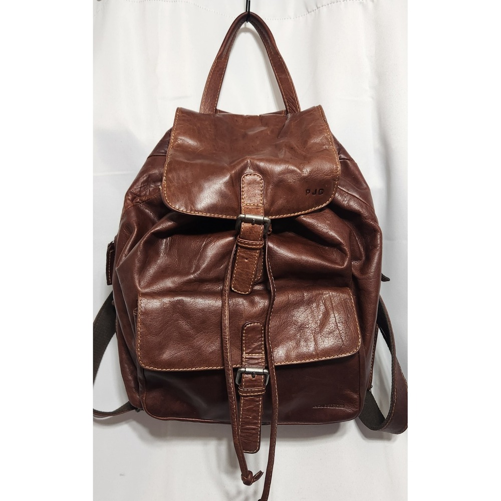 Jack Georges # 7517 Brown Leather Backpack Rucksack Buckle Flap Monogram